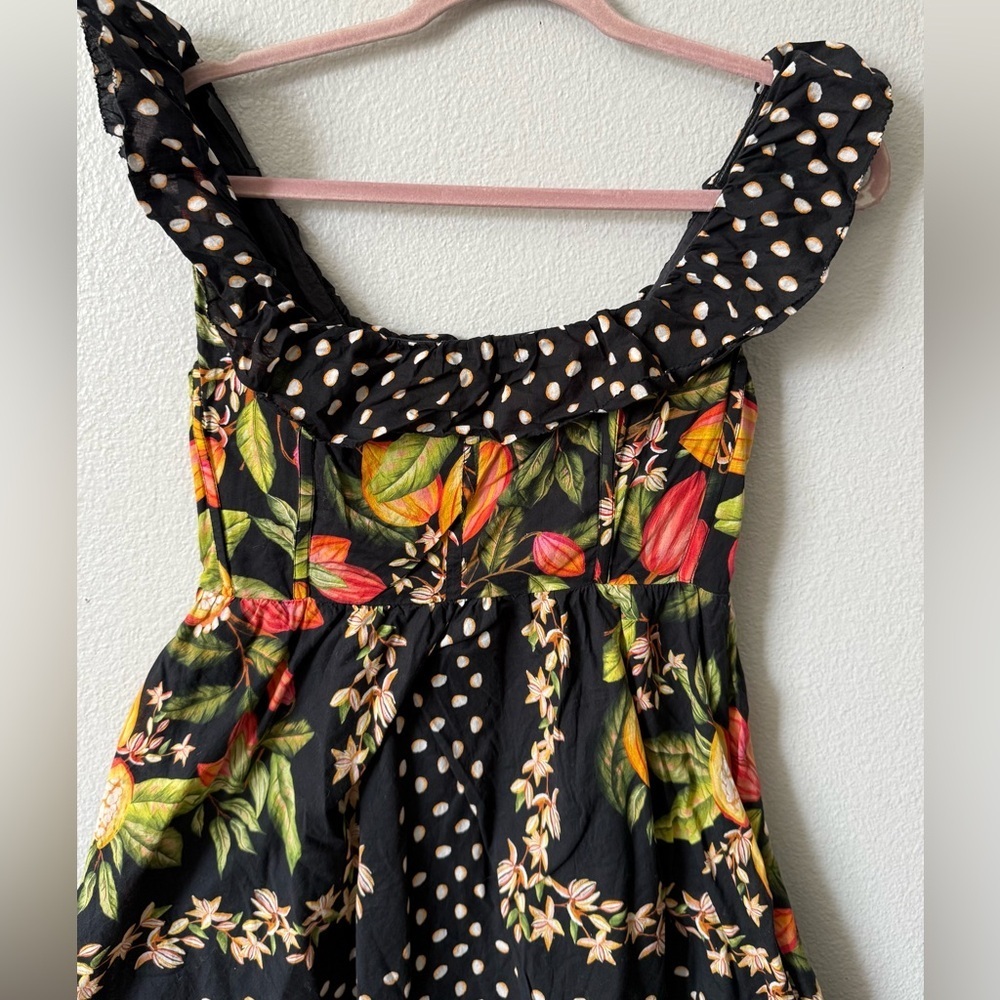 Farm Rio Tropical Floral Polka Dot Mini Dress S | Ruffle Strap Summer Vacation - Picture 6 of 13